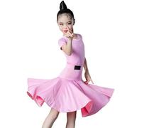 DgtZyrih Girl Latin Dance Dress, 2 Piece Set with Short Sleeve Leotards and Skirt, Ruffles Dance Outfit Tango Ballroom Costume Rumba Samba Competition Dancewear,Pink,160