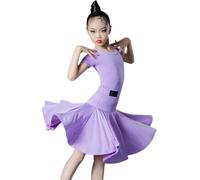 DgtZyrih Girl Latin Dance Dress, 2 Piece Set with Short Sleeve Leotards and Skirt, Ruffles Dance Outfit Tango Ballroom Costume Rumba Samba Competition Dancewear,Purple,170