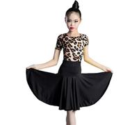 DgtZyrih Girl Latin Dance Dress, 2 Piece Set with Short Sleeve Leotards and Skirt, Ruffles Dance Outfit Tango Ballroom Costume Rumba Samba Competition Dancewear,Black,140
