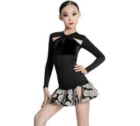 DgtZyrih Girl Standard Latin Dance Dress Children Long Sleeve Ballroom Dance Big Swing Skirt for Salsa Rumba Samba Tango Dancewear Professional Dance Costume,Black,160