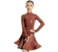 DgtZyrih Girls Latin Dance Dress, 2 Pcs Shiny Dancewear with Long Sleeve Leotard, Big Swing Performance Costumes Training Skirt Ballroom Competition Party Outfit,Brown,170
