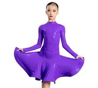 DgtZyrih Girls Latin Dance Dress, 2 Pcs Shiny Dancewear with Long Sleeve Leotard, Big Swing Performance Costumes Training Skirt Ballroom Competition Party Outfit,Purple,160