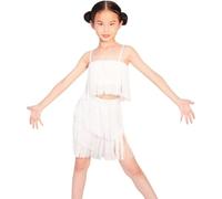 DgtZyrih Girls Latin Dance Dress, 2 Pcs Standard Sleeveless Dance Clothes Flowy Tassel Carnival Modern Party Ballroom Costume Tango Cha Cha Salsa Rumba Dancewear,White,XXL