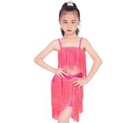 DgtZyrih Girls Latin Dance Dress, 2 Pcs Standard Sleeveless Dance Clothes Flowy Tassel Carnival Modern Party Ballroom Costume Tango Cha Cha Salsa Rumba Dancewear,Pink,M
