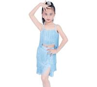 DgtZyrih Girls Latin Dance Dress, 2 Pcs Standard Sleeveless Dance Clothes Flowy Tassel Carnival Modern Party Ballroom Costume Tango Cha Cha Salsa Rumba Dancewear,Blue,XXL