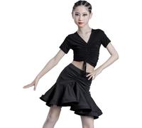 DgtZyrih Girls Latin Dance Dress, 2 Pieces Short Sleeves Dance Outfit V-Neck Performance Competition Costume Ballroom Salsa Tango Skirts Festival Race Dancewear,Black,170