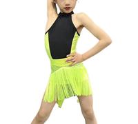 DgtZyrih Girls Latin Dance Dress, 2PCS Tassel Dance Outfit with Backless Top + Fringe Skirt, Competition Dancewear Performance Costume for Ballroom Salsa Tango,Yellow,140