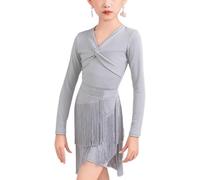DgtZyrih Girls Latin Dance Dress Big Swing Skirt Tiered Fringed Performance Costume, Children's Dance Outfit Competition Dancewear for Ballroom Salsa Tango Skirt,Grey,120