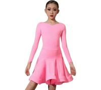 DgtZyrih Girls Latin Dance Dress, Children V-Neck Long Sleeve Professional Dancing Costume Competition Dancewear Big Swing Skirt for Tango Cha Cha Salsa Rumba,Pink,120