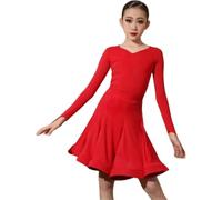 DgtZyrih Girls Latin Dance Dress, Children V-Neck Long Sleeve Professional Dancing Costume Competition Dancewear Big Swing Skirt for Tango Cha Cha Salsa Rumba,Red,160