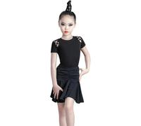 DgtZyrih Girls Latin Dance Dress, Hollow Out Short Sleeve Top Dance Dress Ballroom Salsa Tango Skirts Ruffles Stage Performance Costume Dancewear Skorts Skirt,C,140