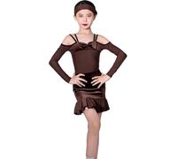 DgtZyrih Girls Latin Dance Dress, Long Sleeve Ruffles Tango Dancewear Kids Ballroom Party Competition Performance Costumes Rumba Samba Practice Outfit Wrap Skirts,Brown,170