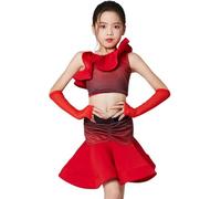 DgtZyrih Girls Latin Dance Dress, Ruffle Collar Dance Outfit Split Ballroom Salsa Tango Skirts, Modern Standard Competition Party Practice Wear Dancing Costume,Red,160