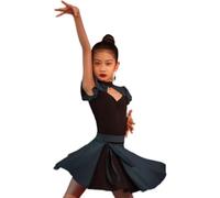 DgtZyrih Girls' Latin Dance Dress, Short Sleeve Dance Outfit Rumba Samba Samba Cha Cha Tango Pleated Skirt Standard Competition Dancewear Dancing Performance Costume,Green,140