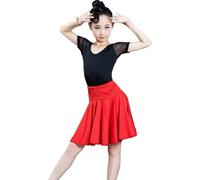DgtZyrih Girls Latin Dance Dress Short Sleeve V-Neck Big Skirt 2-Piece Set Dancewear Outfit for Salsa Tango Ballroom Stage Performance Costume Party Skirt,Red,150