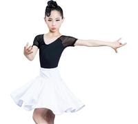 DgtZyrih Girls Latin Dance Dress Short Sleeve V-Neck Big Skirt 2-Piece Set Dancewear Outfit for Salsa Tango Ballroom Stage Performance Costume Party Skirt,White,110