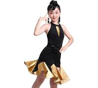 DgtZyrih Girls Latin Leotards Dress, Sleeveless Backless Lyrical Dance Outfit for Girls Dance Performance Costume Samba Tango Rumba Cha Cha Dancewear Party Skirt,Gold,110