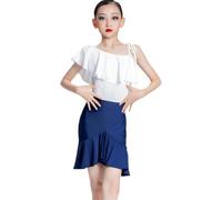 DgtZyrih Girls One Shoulder Latin Dance Dress, 2 Piece Kids Split Dance Outfit Rumba Samba Tango Performance Costume Ruffles Competition Dancewear Short Skirt,White,170