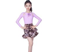 DgtZyrih Girls Professional Latin Dance Skirt, Long Sleeve Crew Neck Dance Outfit Tiered Ruffles Skirt for Ballroom Cha Cha Tango Performance Competition Costume,Purple,170