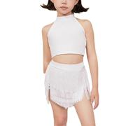 DgtZyrih Girls Two-Piece Latin Dance Costume Set with Camisole + Fringe Skirt,Children's Flowy Tassel Dancewear Ballroom Samba Chacha Dancing Practice Dress,White,140