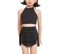 DgtZyrih Girls Two-Piece Latin Dance Costume Set with Camisole + Fringe Skirt,Children's Flowy Tassel Dancewear Ballroom Samba Chacha Dancing Practice Dress,Black,170
