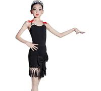 DgtZyrih Latin Dance Dress for Girls, 2-Piece Dance Outfit Set with Leotards and Skirt, Slim Fit Sling Dancing Costume Competition Dancewear for Rumba Samba Tango,Black,170