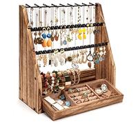 DGWJSU Earring Organizer, 5 Layer Earring Holder Organizer with Necklace Holder, Rustic Wood Jewelry Organizer Stand Display for Stud Earring Bracelet Necklace Ring, Watches