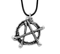 DH Pewter Anarchy Pendant Necklace in a grey burlap pouch.