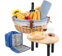 DHAEE Wicker Picnic Basket set for 2 with Detachable Table, Utensil Carry Bag,Waterproof Picnic Blanket,Removable Liner Picnic Essentials for Camping,Beach,Birthydas and Family/Couples Gifts