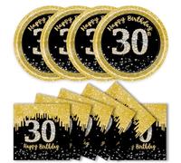 DHAIQC 50 Pieces 30th Birthday Party Tableware Set, 30th Birthday Party Plates and Napkins Black Gold Paper Plates Party Birthday Tableware for Man Woman Birthday Decoration (30th)