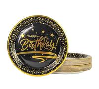DHAIQC Paper Plates, Black Gold, Pack of 50, Paper Plates, Birthday Party Plates, 23 cm, Pink with Gold Rim, Disposable Plates, Paper Plates, Children's Birthday Party Tableware (Birthday Black, 23