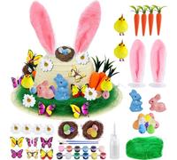 Dhalqyx Easter Bonnet Kit DIY Hat Making Set for Kids - Includes Straw Hat, 2 Rabbits, Ears, 2 Nests, 10 Eggs, 4 Carrots, 4 Flowers, 2 Chicks, 6 Butterflies, 44g Hemp Fiber, 12 Paints & 2 Brushes
