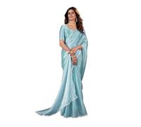 DHARMEE Madhuri Dixit Women's Barbari Shiny Stone and Diamond Work Saree With Blouse, Sky Blue, One Size