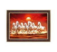 Dharvika Innovations seven running horses with sunrise painting big size vinyl sparkle coated home decorative gift item with synthetic photo frame (Brown Frame, 21x27 Inch)
