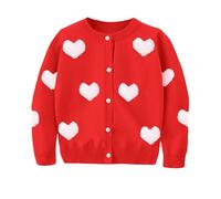 DHASIUE Cardigan for Girls Button Down Crew Neck Fall Winter Knitted Valentines Day Kid Heart Jacquard Outwear Red 4 Years