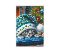 DHBANEIOK Christmas Cat Sleeping Poster Artwork Giclee Canvas Prints Modern Canvas Wall Art Picture Wall Hanging for Living Room Bedroom Home Decorations 24x36inch(60x90cm)