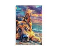 DHBANEIOK German Shepherd Beach Wall Decor Poster Canvas Prints Picture Modern Wall Art Picture Wall Hanging for Bathroom Wall Decor 16x24inch(40x60cm)