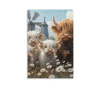 DHBANEIOK Highland Cows Field Windmill Wall Decor Poster Giclee Canvas Prints Modern Wall Art Picture Wall Hanging for Living Room Home Decorations 12x18inch(30x45cm)