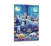 DHBANEIOK Sleeping Woman Cats Night Poster Artwork Giclee Canvas Prints Modern Canvas Wall Art Picture Wall Hanging for Bathroom Wall Decor 16x24inch(40x60cm)