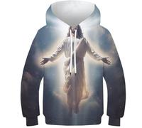 DHBANEIOK Teen Girl Boy Jesus Hoodies Full 3D Printed Graphic Sweatshirt Athletic Breathable Fashion Pullover with Pockets 11-13Y
