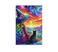 DHBANEIOK Witch And Cat Wall Decor Poster Giclee Canvas Prints Modern Wall Art Picture Wall Hanging for Dining Room Kitchen Home Office Decor 20x30inch(50x75cm)