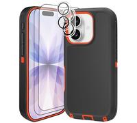 DHCALL for iPhone 17 Case (6.3"), with 2 Tempered Glass Screen Protector [Heavy Duty Military-Grade Full Body Drop Protection] Shockproof Tough Durable 6.3 Inch（Blackorange+Lens