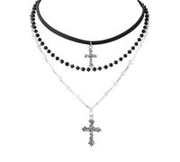 Dhdfisd Gothic Layered Cross Necklace Black Bead Cross Leather Stack Choker Gothic Emo Grunge Necklace for Women, 15.7in, Metal, No Gemstone