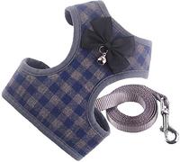 DHGTEP No Pull Tartan Dog Harness and Lead Set with Cute Bow Tie ＆ Bell Front Clip Puppy Harness Kitty Lead Rope Set for Small Dogs Big Cats Outdoor Walking (Color : Blue, Size : Large)