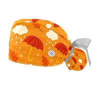 DHH166 2 Packs Working Cap with Buttons Sweatband Adjustable Hats Printed Surgical Caps for Women, Autumn Umbrella & Leaf Pattern