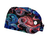 DHH166 2 Packs Working Cap with Buttons Sweatband Adjustable Hats Surgical Caps for Women Men, Abstract Fish and Octopus