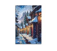 DHHMTPIYS Landscape Cartoon Style Nordic Snow Village Night Nature Scene Decorative Painting Canvas Wall Posters And Modern Family Bedroom Decor 12x18inch(30x45cm)