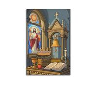 DHHMTPIYS Religious Poster Cartoon Style Church Interior With Stained Glass Jesus Decorative Painting Canvas Wall Posters And Modern Family Bedroom Decor 24x36inch(60x90cm)