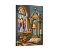 DHHMTPIYS Religious Poster Cartoon Style Church Interior With Stained Glass Jesus Decorative Painting Canvas Wall Posters And Modern Family Bedroom Decor 20x30inch(50x75cm)