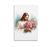 DHHMTPIYS Religious Poster Fresh Watercolor Style Jesus Holding Bouquet Of Roses Decorative Painting Canvas Wall Posters And Modern Family Bedroom Decor 16x24inch(40x60cm)